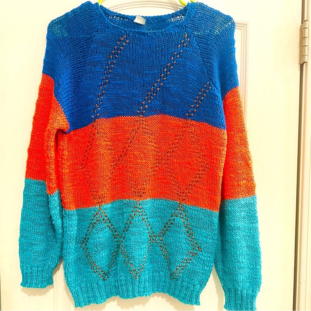 Vintage tri colored color block cotton linen geometric women’s sweater medium
